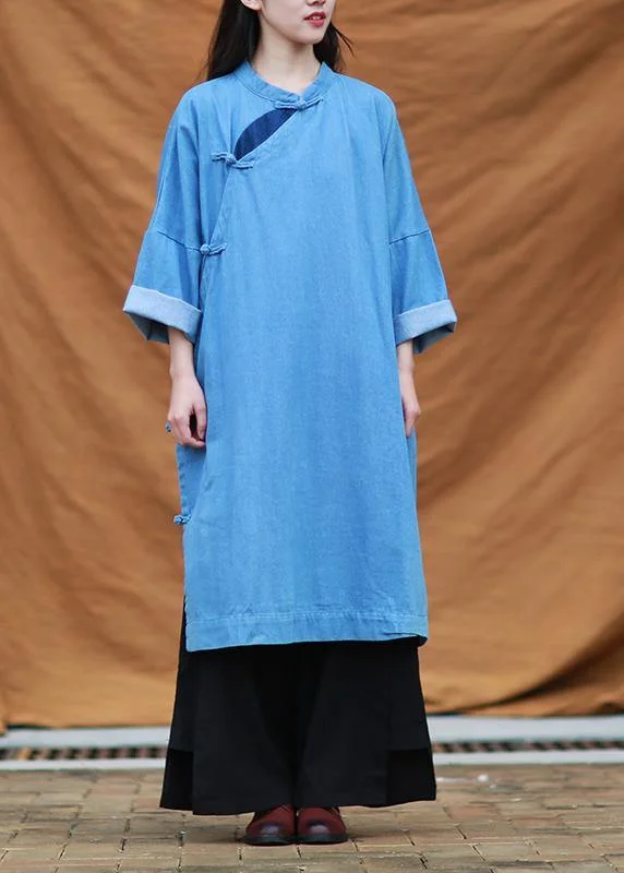 Cool Summer DIY denim blue quilting dresses stand collar patchwork Maxi Dresses