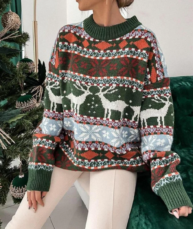 Women's Christmas Reindeer Xmas Snowflake Patterns Knitted Sweater Long Sleeve Elk Floral Printed Pullover