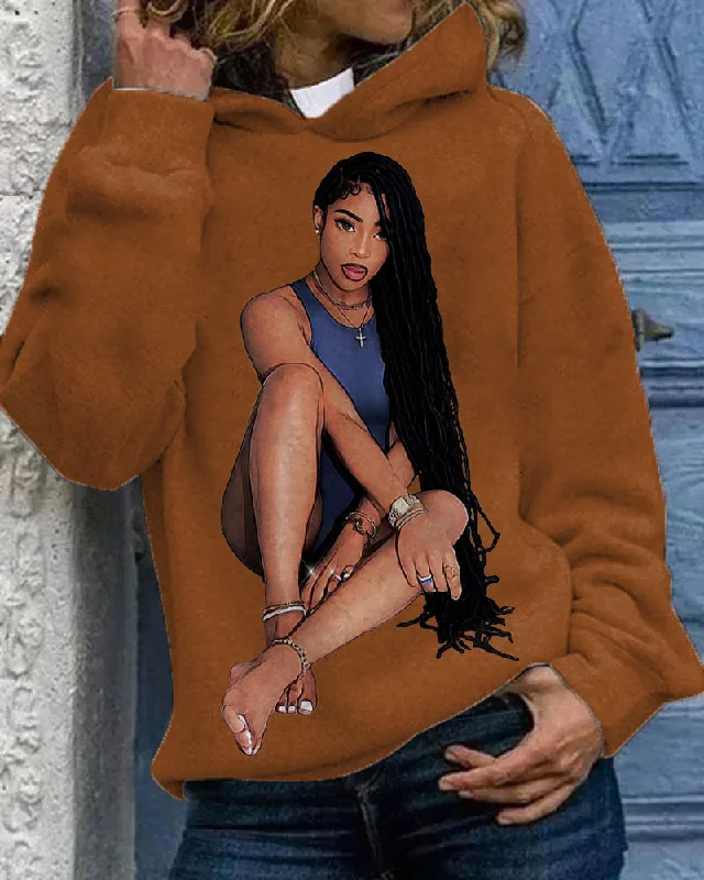 Brown Woman Long Braids Long Sleeves Hoodie