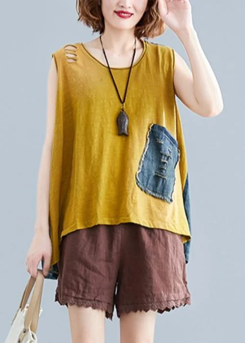 Handmade o neck cotton tops women Shape yellow patchwork denim tops