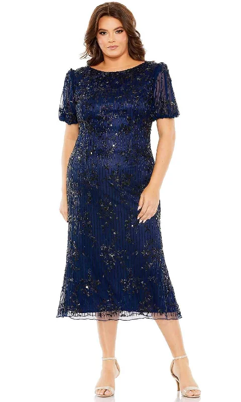 Loose Fit Mac Duggal 5940 - Embellished Puff Sleeve Tea-Length Dress