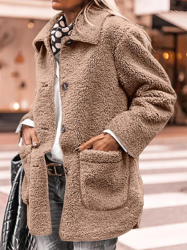 Nightclub Style Sherpa Pocketed Collared Neck Long Sleeve Jacket