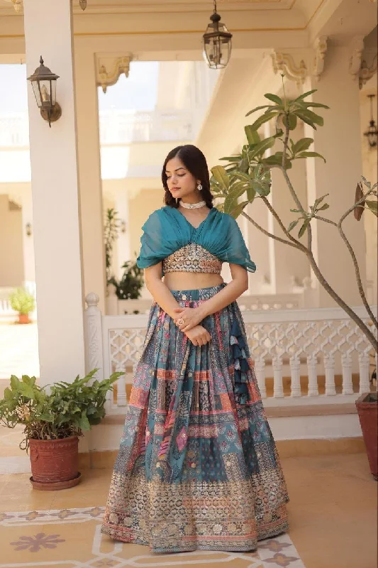 Blue Russian Silk Rich Digital Printed With Foil Embroidery Work Lehenga with Choli Ready to Wear Set