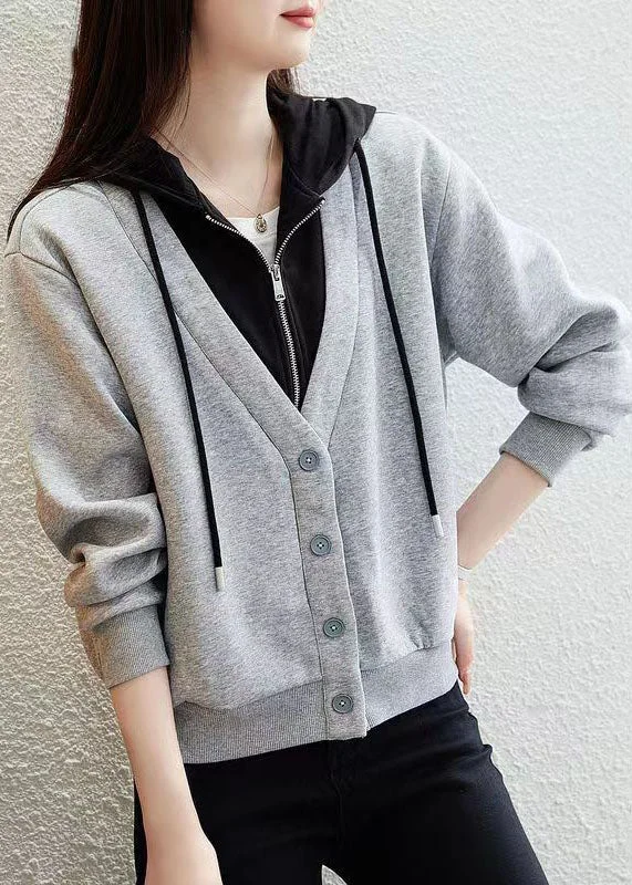 New Products Style Grey Button Patchwork False Two Pieces Cotton Hooded Coat Fall