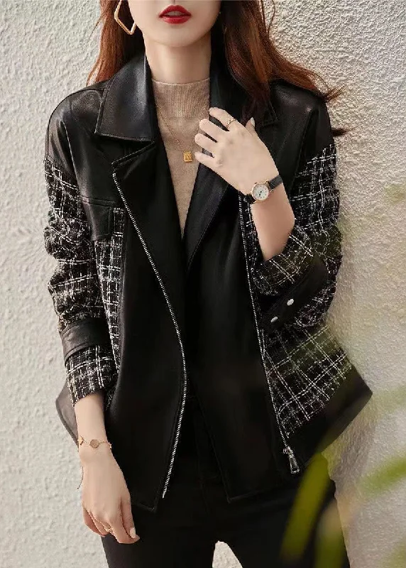 Lazy Style Organic Black Peter Pan Collar Zippered Patchwork Faux Leather Coats Fall