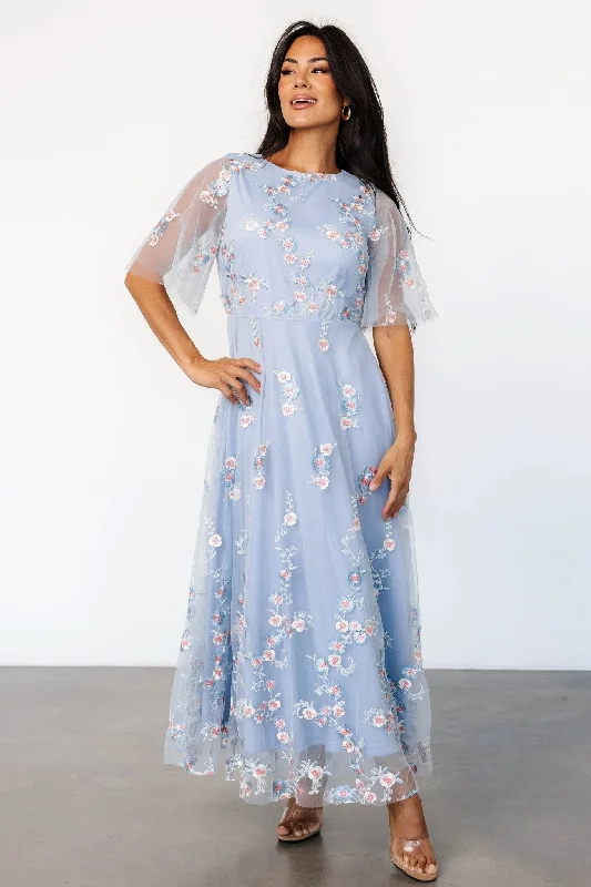 Celebrity Style Arabella Embroidered Tulle Maxi Dress | Light Blue + Blush
