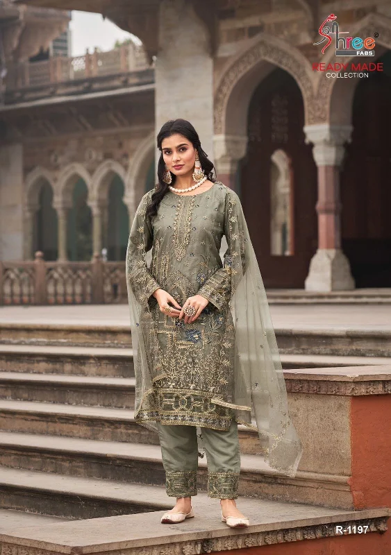 Dark Mehendi Green Organza Khatli work embroidered Straight Cut Suit