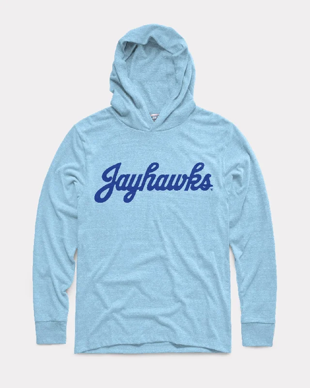 Slightly Flared Design Jayhawks Script Powder Blue Lightweight Hoodie