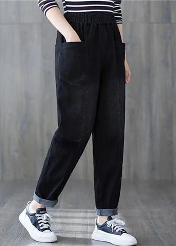 Classy Black Elastic Waist Patchwork Warm Fleece Denim Pants Winter