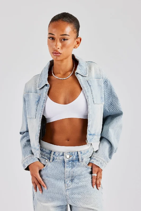 Denim Design Zip Up Denim Jacket - Ice Blue
