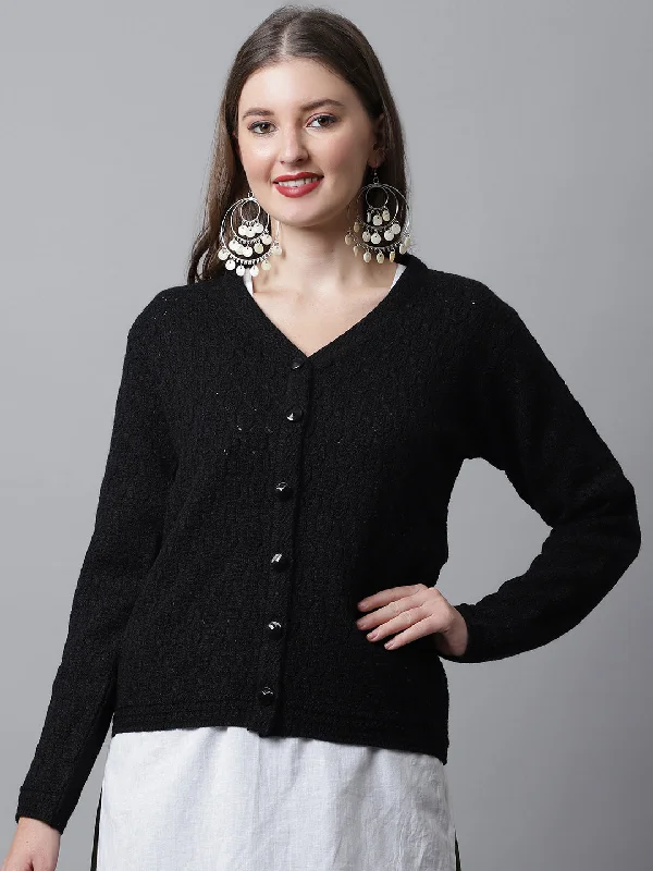 Girl Style Women's Casual  Black V neck Cardigan Sweater