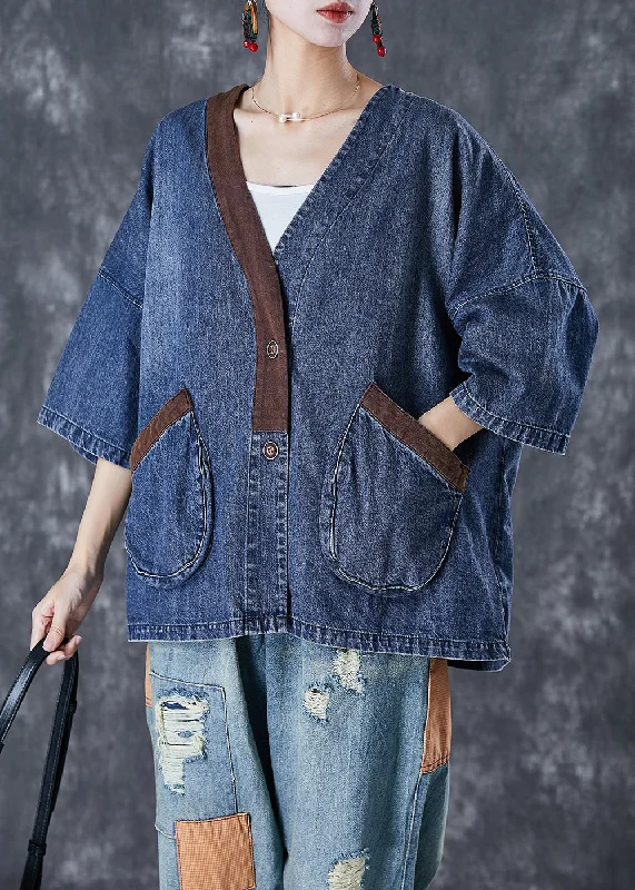 Comfortable And Versatile Women Blue V Neck Patchwork Pockets Denim Coats Summer