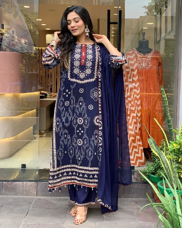 Navy Blue Beautiful Neck hand Work Printed and Moti Mala work Suit