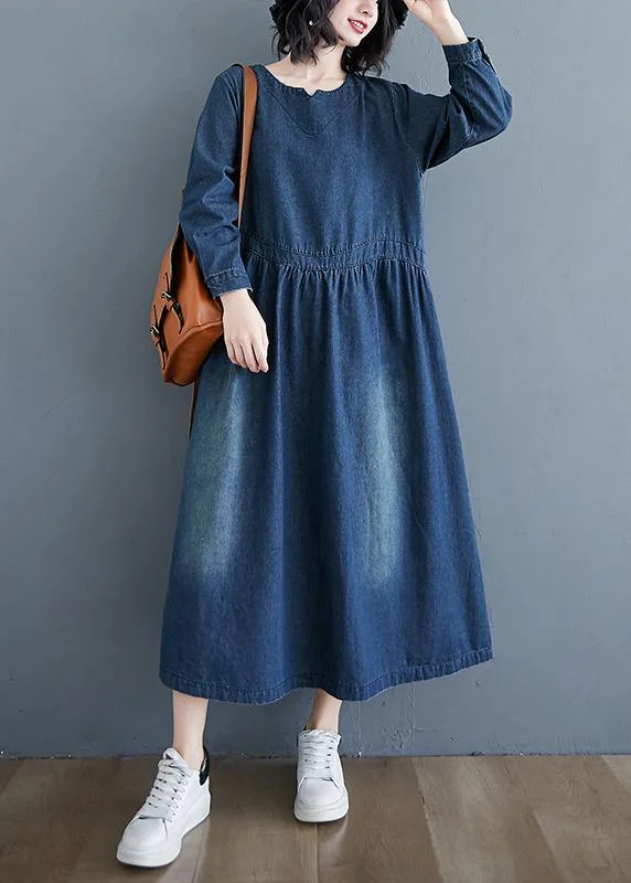 Double-sided Wear Chic O Neck Cinched Spring Tunic Wardrobes Denim Blue Art Dresses