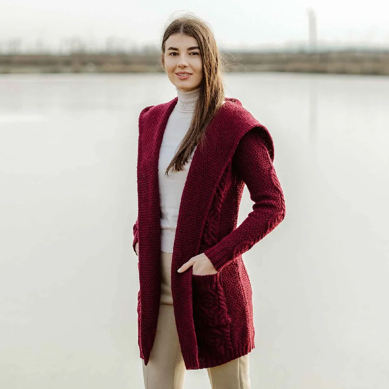 Women's Aran Knit Hooded Long Cardigan, Wine