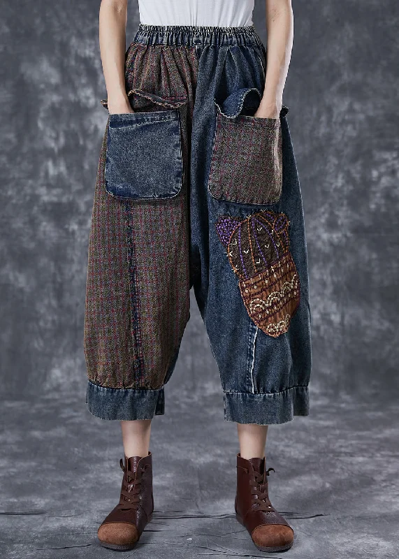 Nightclub Style Handmade Applique Asymmetrical Patchwork Pockets Denim Pants Summer