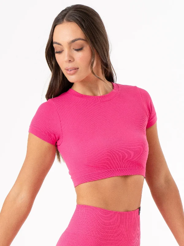Ethnic Style Rib Seamless T-Shirt - Hot Pink