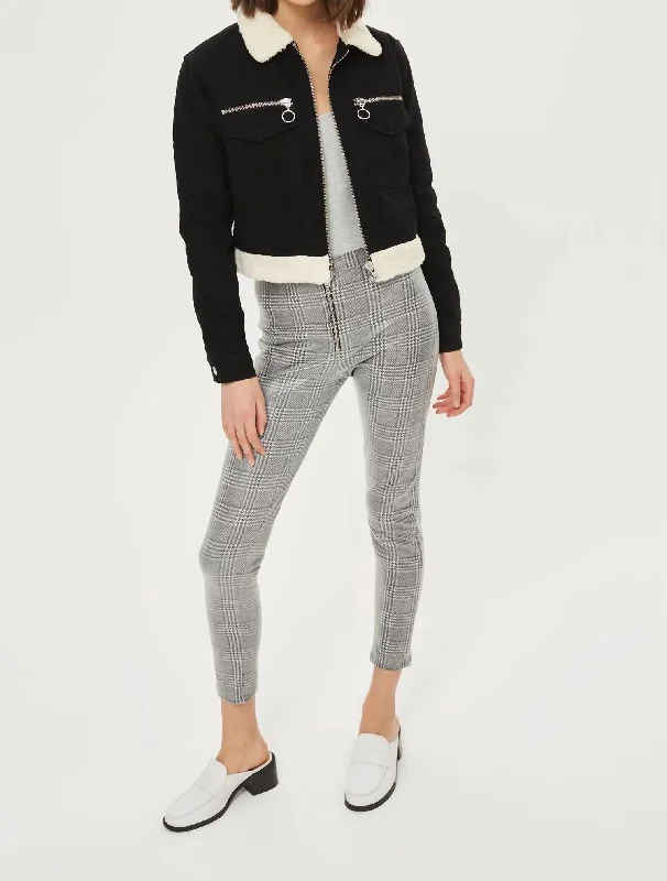 Lazy Style Prince Of Wales Coated Houndstooth Zip Treggings In Black/white