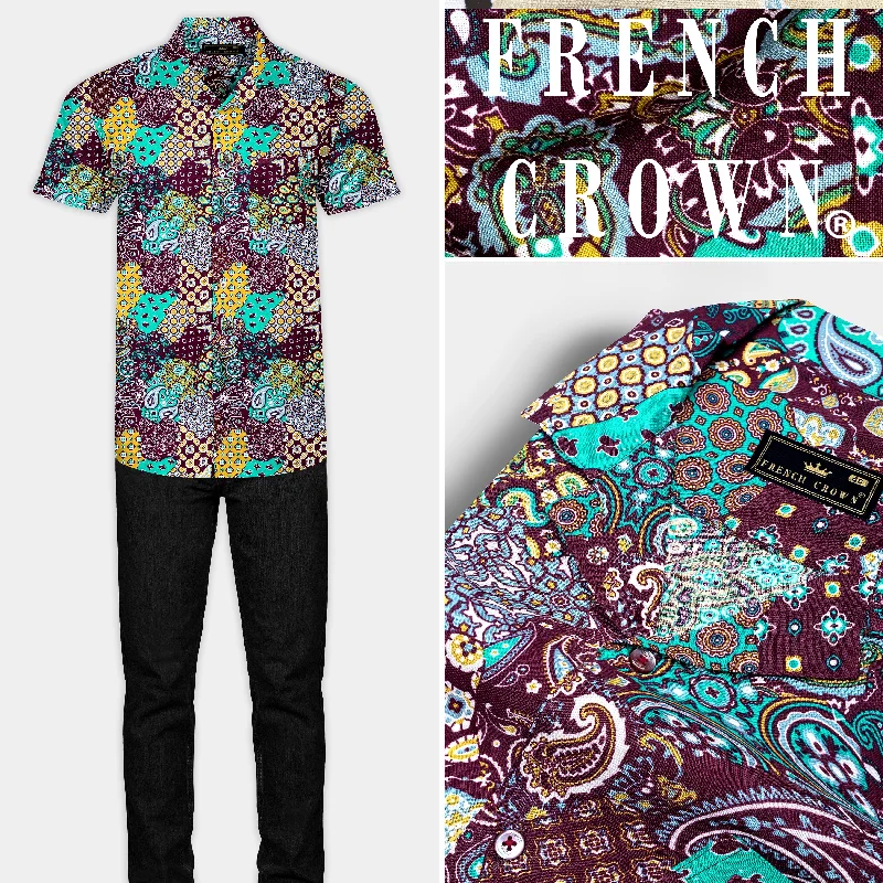 Urban Style Crater Brown with Yellowy Brown and Persian Green Printed Soft Tencel Shirt