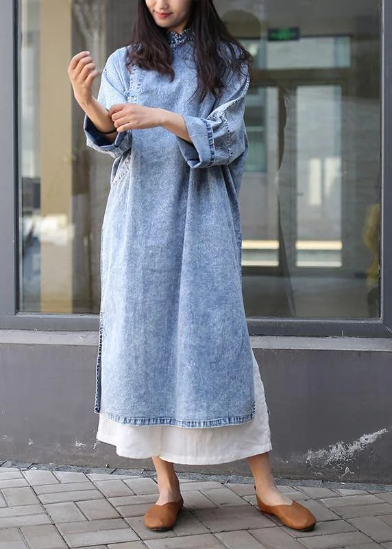 New Products Loose denim blue Tunics stand collar side open Plus Size Dresses
