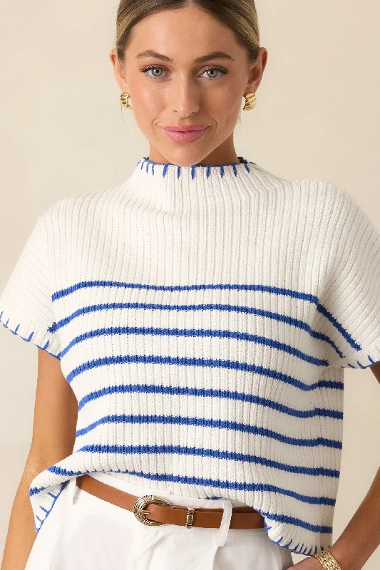 Nightclub Style Mimosa Morning Cotton Ivory Stripe Short Sleeve Sweater