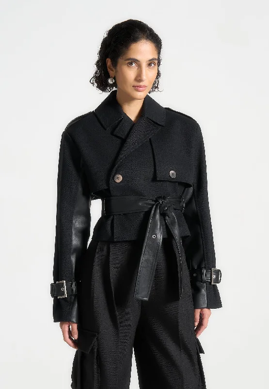 Floral Prints Cropped Trench Coat with Belt - Black