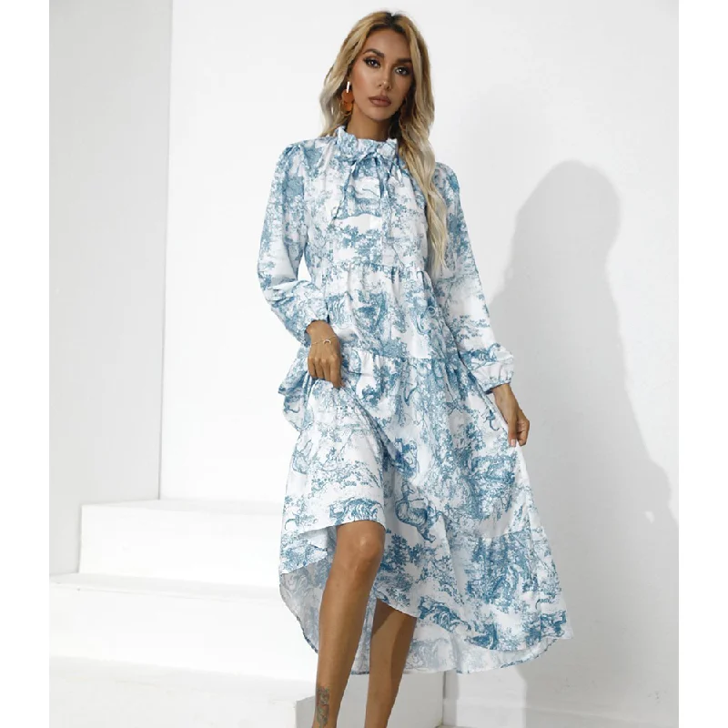 Women Round Neck Loose Fall Long Dresses