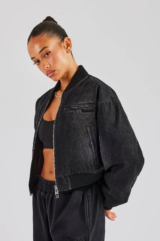 French Style Washed Denim Bomber Jacket - Black