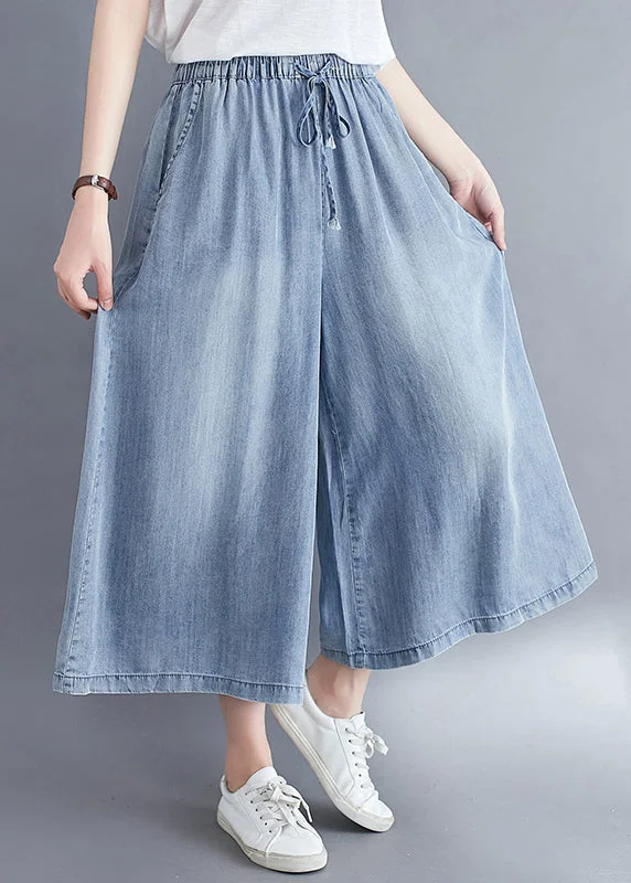 Versatile Items Women Light Blue Elastic Waist Draping Denim Wide Leg Pants Summer