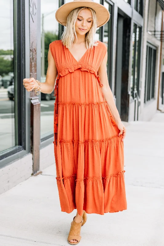 Feeling Hopeful Rust Orange Ruffled Maxi Dress