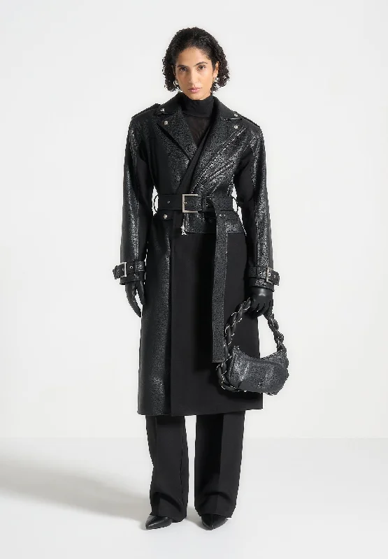 Casual Style Leather Biker Trench Coat - Black