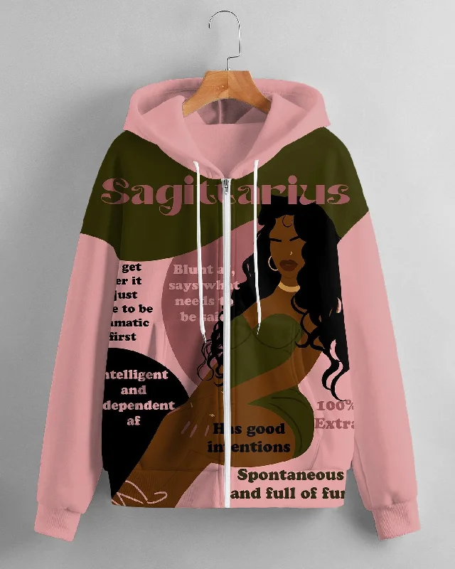 Fashionable And Versatile Women's Fashion Daily Black Sagittarius Women Print Long Sleeve Zipper Hoodie