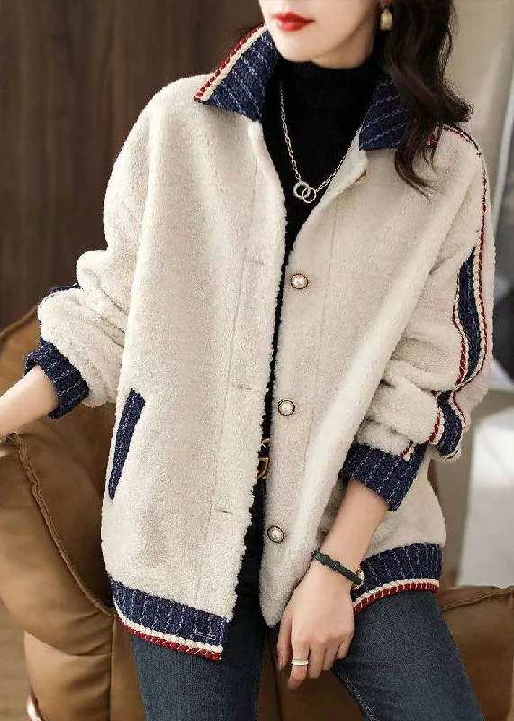 Feminine Charm Art White Peter Pan Collar Pockets Patchwork Faux Fur Jackets Fall