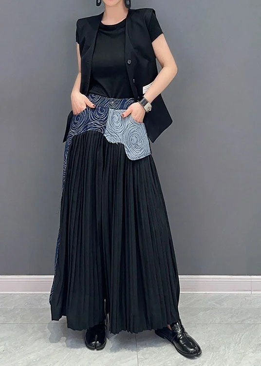 Elegant And Noble Style Blue Wrinkled Denim Patchwork Cotton Wide Leg Pants Summer
