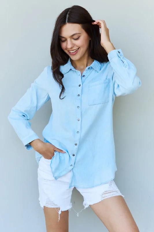 French Retro Doublju Blue Jean Baby Denim Button Down Shirt Top in Light Blue