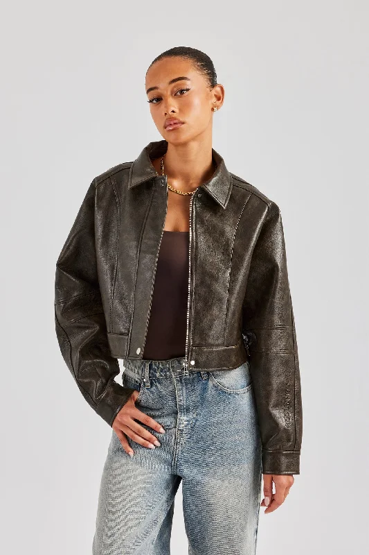Street Fashion Washed Oversized PU Jacket - Brown