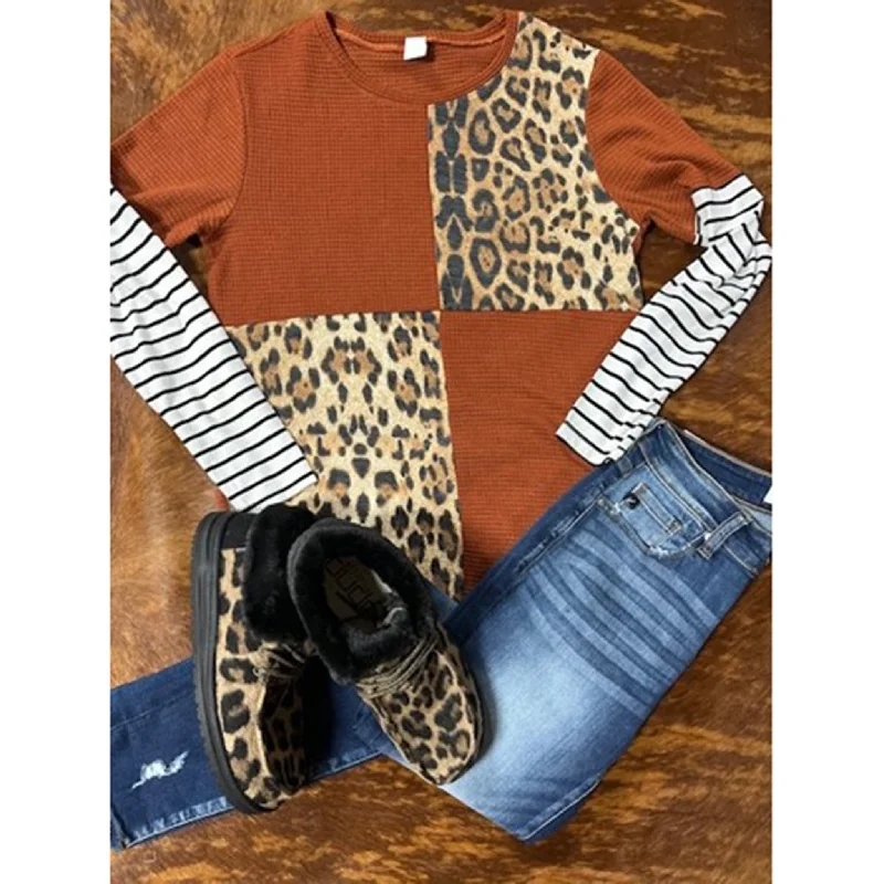Sexy Fun Your Fashion Women's Rust & Leopard Block Long Sleeve Top