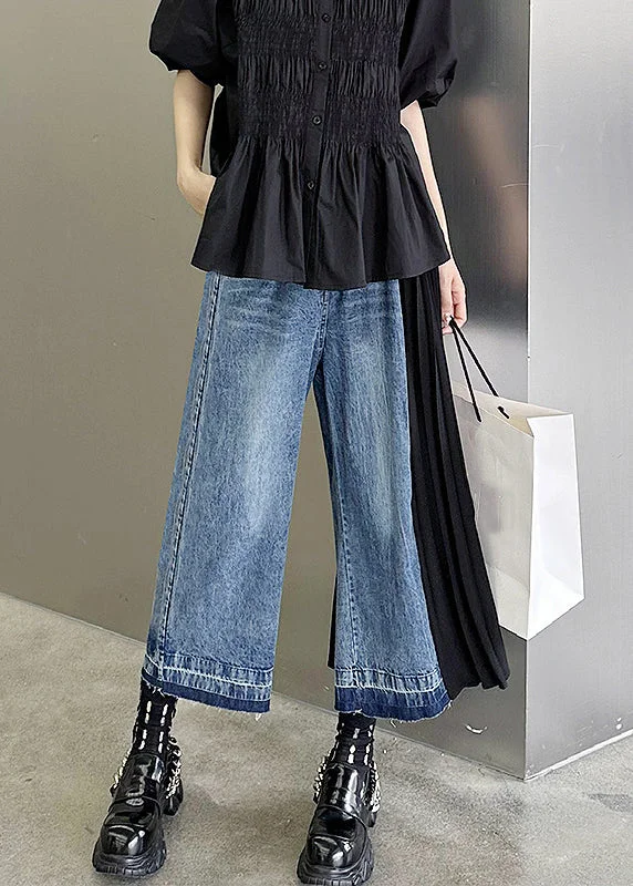 Fashionable And Versatile New Blue Pockets High Waist Patchwork Denim Crop Pants Fall Fashionable And Versatile New Blue Pockets High Waist Patchwork Denim Crop Pants Fall