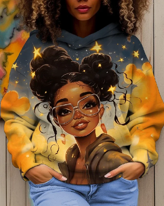 Diamond Series Women's Retro Black Girls Sunset Stars Long Sleeve Hoodie