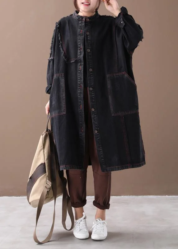 Relaxed And Casual Chic denim black Fashion coat for woman Tutorials stand collar Button Down coats Relaxed And Casual Chic denim black Fashion coat for woman Tutorials stand collar Button Down coats
