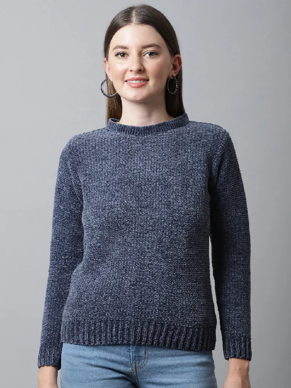 Fashionable And Versatile Women's Casual  Blue Round neck Pullover Sweater