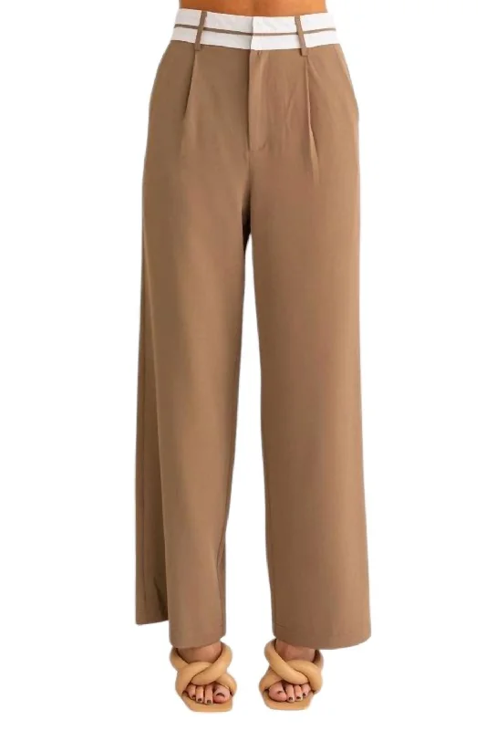 Youthful Andi Detail Pleated Wide Leg Pant In Brown