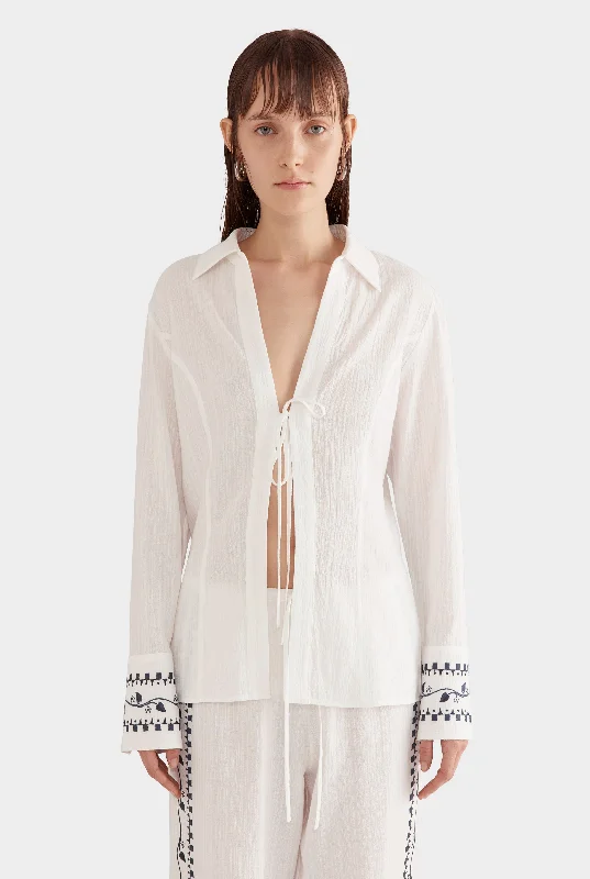 Knowledge And Elegance Embroidered Cotton Tie Up Shirt - Off White/Ditsy Floral Embroidery