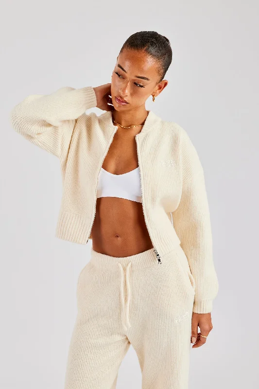 Fashion Elements Knitted Zip Front Bomber - Oatmeal