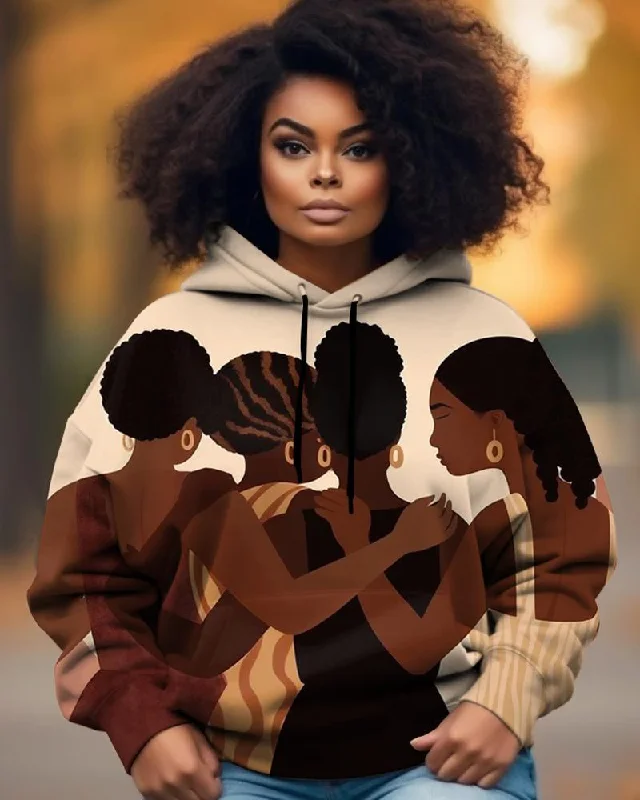 Design And Tailoring Black Girl's Back Silhouette With Shoulder Art Print Women's Hoodie