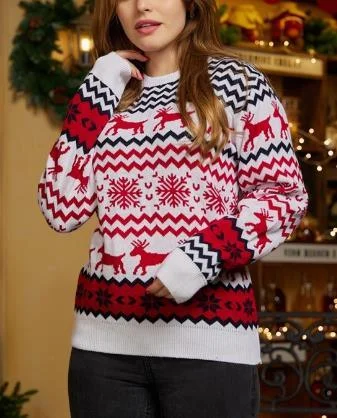 Women's Christmas Reindeer Xmas Snowflake Patterns Knitted Sweater Long Sleeve Elk Floral Printed Pullover