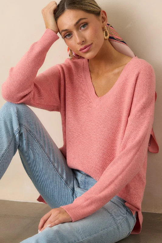 Diamond Series Cozy Afternoon Rose Pink V-Neck Sweater