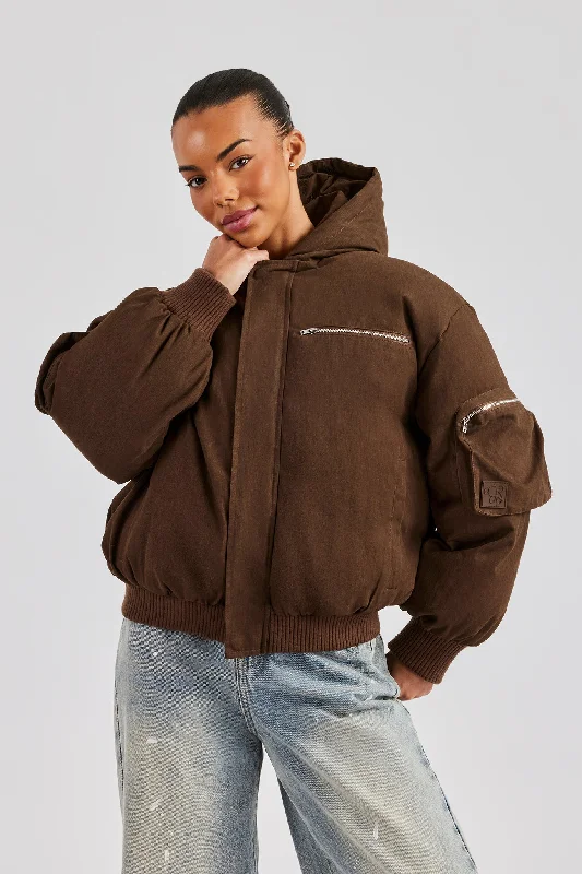 High-quality Fabrics Womens Twill Utility Cargo Bomber Jacket - Chocolate