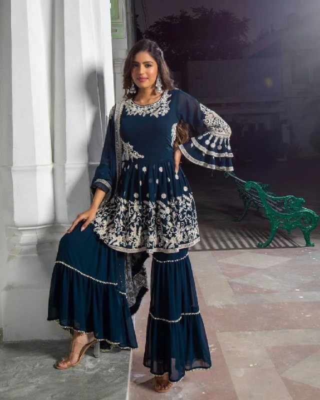 Faux Georgette With Heavy Embroidery Work With Heavy Moti Lace  Work With Fancy Sleeve Designer Sharara Suit