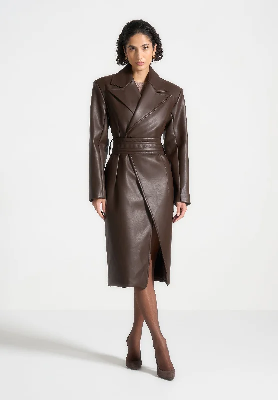 Street Fashion Leather Asymmetric Belted Coat - Brown